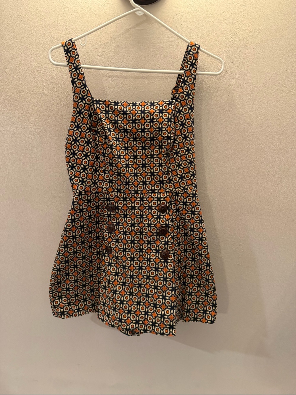 BDG Orange Navy Geometric Corduroy Romper Square Neck Adjustable Straps Medium